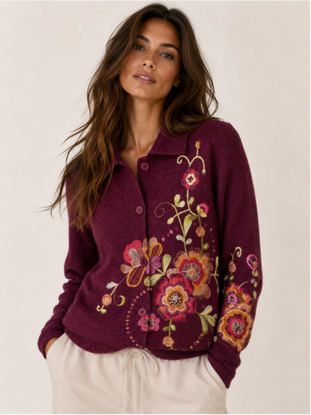 Susan Bristol 100% Wool Floral Cardigan Jacket Hand Embroidered Burgundy Cozy M